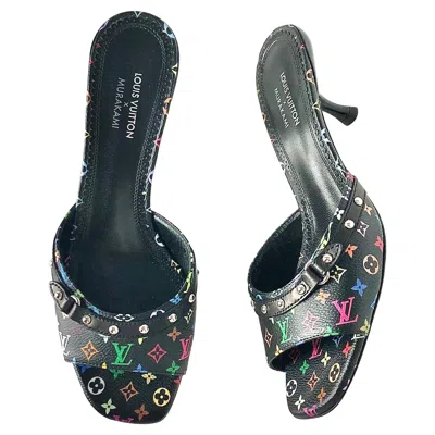 Pre-owned Louis Vuitton X Murakami Logo Multicolored Slip On Kitten Heel Mules Sandals 37 In Black