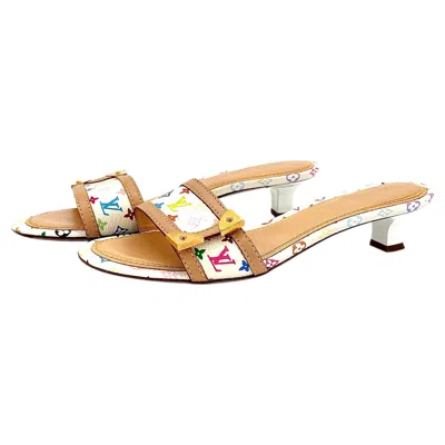 Pre-owned Louis Vuitton X Murakami Monogram Logo White Slip On Kitten Heel Mules 36.5