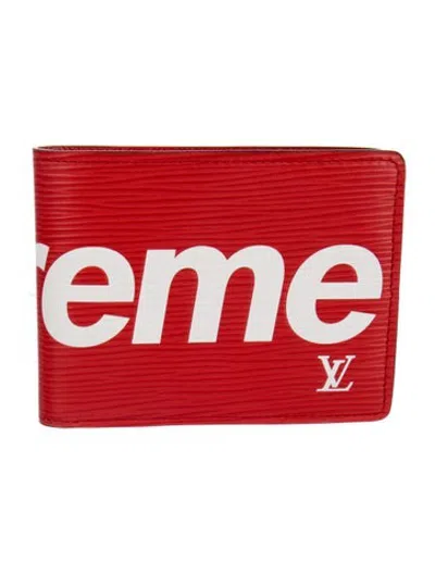 Pre-owned Louis Vuitton X Supreme 2017 Leather Bifold Wallet In Red
