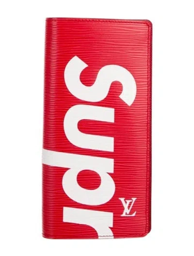 Pre-owned Louis Vuitton X Supreme Brazza Leather Bifold Wallet In Red