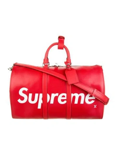 Pre-owned Louis Vuitton X Supreme Epi Keepall Bandoulière 45 In Red