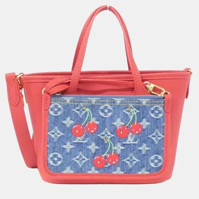 Pre-owned Louis Vuitton X Takashi Murakami Cherry Neverfull Inside Out Bb Blue Monogram Denim Grained Calfskin Leather Tote 