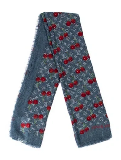 Pre-owned Louis Vuitton X Takashi Murakami Denim Cerise Wool Shawl In Blue