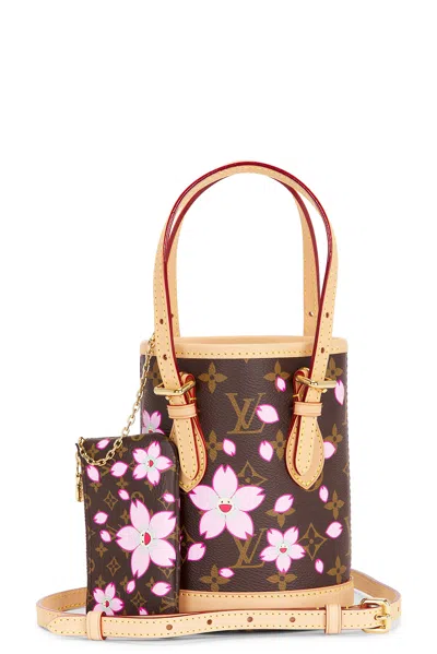 Pre-owned Louis Vuitton X Takashi Murakami Monogram Cherry Blossom Nano Bucket Bag In Sakura Brown