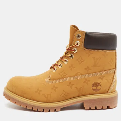 Pre-owned Louis Vuitton X Timberland Size 43 Tan Monogram Nubuck Leather Combat Boots