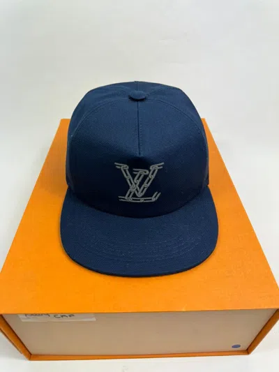 Pre-owned Louis Vuitton X Virgil Abloh Chain Embroidered Lv Logo Cap Mp2590 In Navy