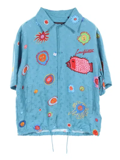 Pre-owned Louis Vuitton X Yayoi Kusama 2010 Monogram Face Shirt Short Sleeve Silk Turquoise Blue Multicolor 23aw