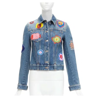 Pre-owned Louis Vuitton Yayoi Kusama 2023 Faces Leather Patch Blue Denim Jacket Fr34 Xs