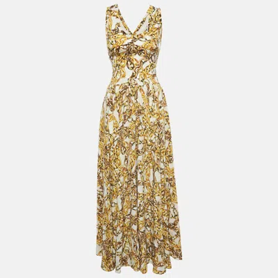 Pre-owned Louis Vuitton Yellow Chain Print Silk Blend Sleeveless Maxi Dress S