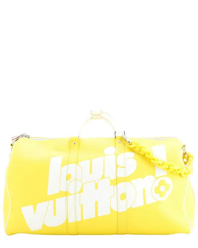 Pre-owned Louis Vuitton Yellow Everyday Signature Printed Leather Keepall Bandouliere 50  (authentic Pre-loved