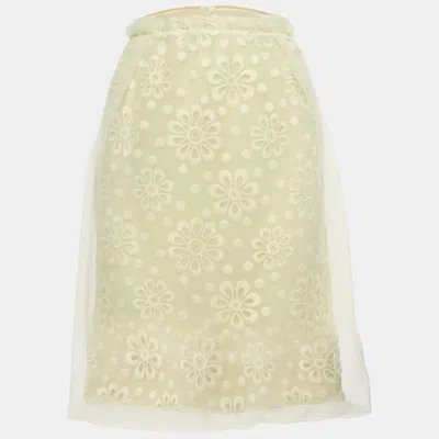 Pre-owned Louis Vuitton Yellow Floral Embroidered Organza Pencil Skirt M