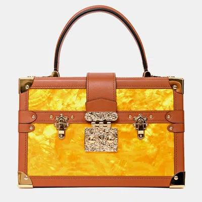 Pre-owned Louis Vuitton Yellow Mother Of Pearl/brown Leather Petite Malle Top Handle Bag With Strap