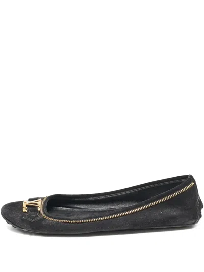 Pre-owned Louis Vuitton Zip-trim Suede Ballet Flats In Black