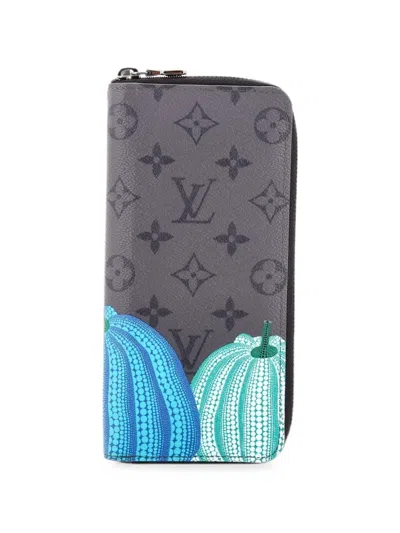 Pre-owned Louis Vuitton Zippy Wallet Yayoi Kusama Pumpkins Reverse Monogram Eclipse Canvas Vertical Small Wallets In Gray