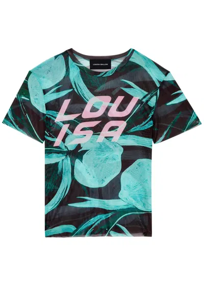 Louisa Ballou Printed Stretch-mesh T-shirt In Blue