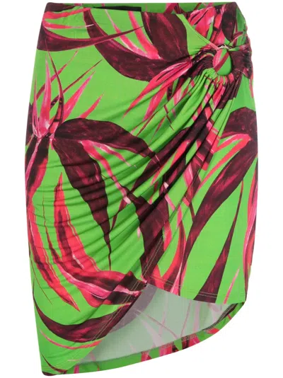 Louisa Ballou Mini-skirt With Asymmetric Hem And Floral Pattern In Green