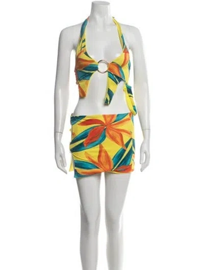 Pre-owned Louisa Ballou Floral Print Keyhole Accent Top In Yellow