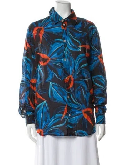 Pre-owned Louisa Ballou Floral Print Long Sleeve Button-up Top In Blue