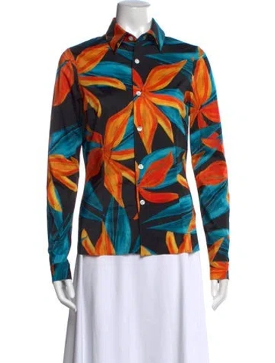 Pre-owned Louisa Ballou Floral Print Long Sleeve Button-up Top In Blue