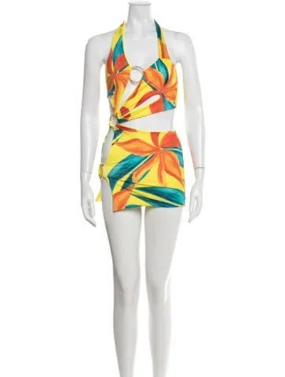 Pre-owned Louisa Ballou Floral Print Mini Dress In Yellow