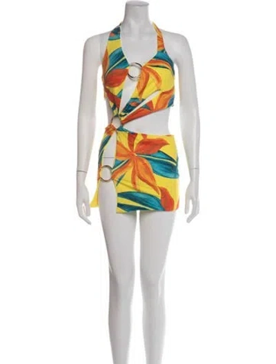 Pre-owned Louisa Ballou Floral Print Mini Dress In Yellow