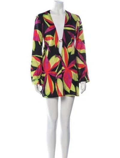 Pre-owned Louisa Ballou Floral Print Plunge Neckline Top In Black