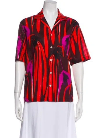 Pre-owned Louisa Ballou Floral Print Short Sleeve Button-up Top In Red