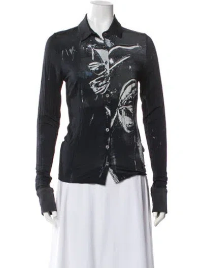Pre-owned Louisa Ballou Graphic Print Long Sleeve Button-up Top In Gray