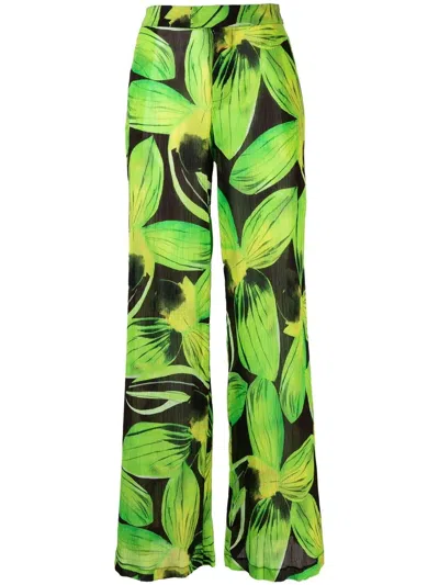 Louisa Ballou Silk-blend High-rise Printed Wide-leg Trousers In Green