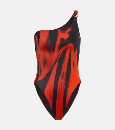 Louisa Ballou Queen-print One-shoulder Swimsuit In Red,multi