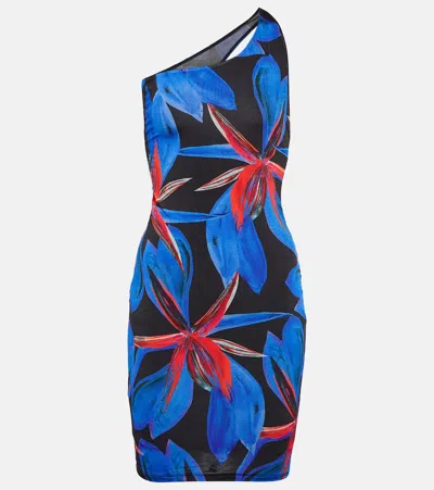 Louisa Ballou One-shoulder Floral-print Dress In Blue