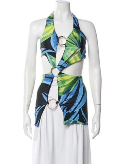 Pre-owned Louisa Ballou Printed Halterneck Crop Top In Blue