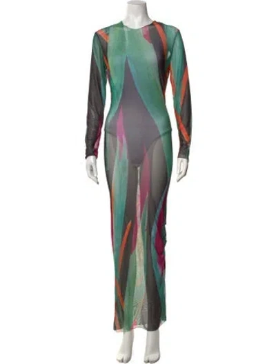 Pre-owned Louisa Ballou Printed Long Dress In Green
