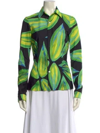 Pre-owned Louisa Ballou Printed Long Sleeve Button-up Top In Green