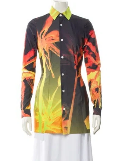 Pre-owned Louisa Ballou Printed Long Sleeve Button-up Top In Green