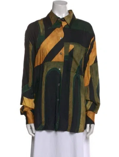 Pre-owned Louisa Ballou Printed Long Sleeve Button-up Top W/ Tags In Black