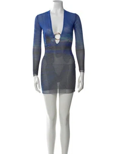 Pre-owned Louisa Ballou Printed Mini Dress In Blue