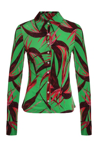 Louisa Ballou Graphic Stretch Viscose Long Sleeve Blouse In Green