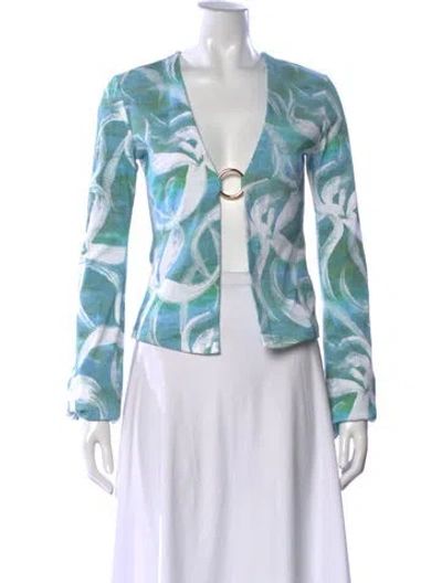 Pre-owned Louisa Ballou Printed V-neck Top In Blue