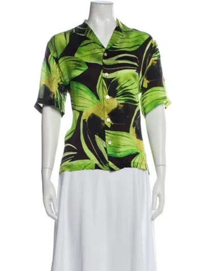 Pre-owned Louisa Ballou Silk Floral Print Button-up Top In Green
