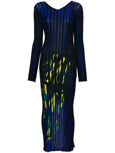 Louisa Ballou Printed Ribbed Wool Maxi Dress In Blue