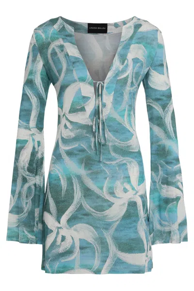 Louisa Ballou Viscose Mini Dress With Front Bow In Light Blue