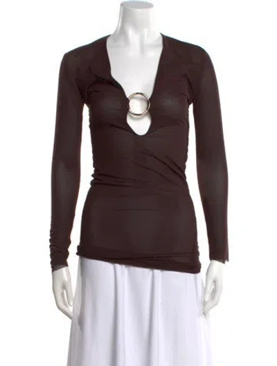 Pre-owned Louisa Ballou V-neck Long Sleeve Top In Brown