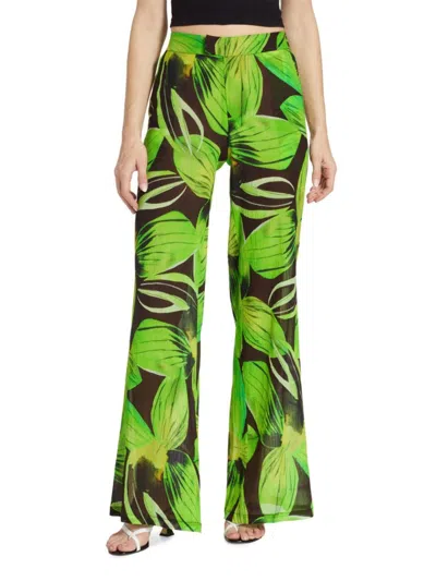 Louisa Ballou Women's Leaf Print Wide Leg Pants In Green