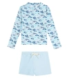 Louise Misha Agik Rashguard Top And Swim Trunks Set In Blue Pastoral Fields