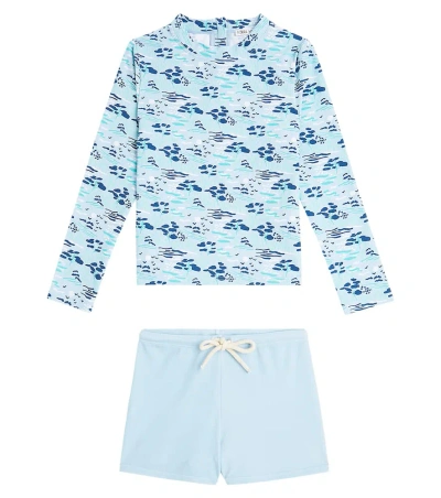 Louise Misha Kids' Agik Rashguard Top And Swim Trunks Set In Blue Pastoral Fields