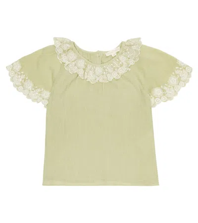 Louise Misha Kids' Antoinette Embroidered Cotton Blouse In Khaki