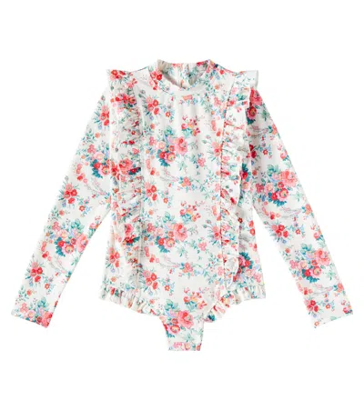 Louise Misha Kids' Aurelie Floral Ruffled Rashguard Swimsuit In Multicoloured