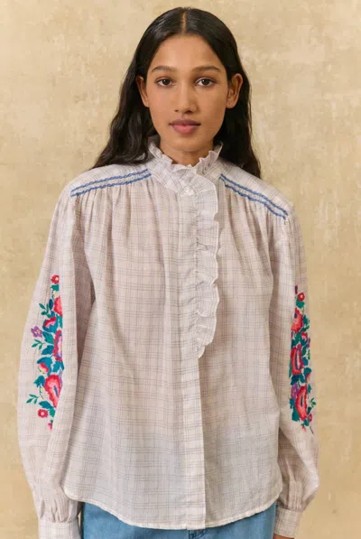 Louise Misha Cora Cruise Checks Shirt With Embroidery In Cream In White