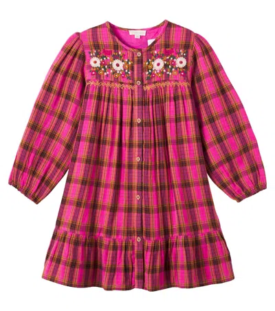 Louise Misha Kids' Embroidered Floral Checked Cotton Dress In Pink